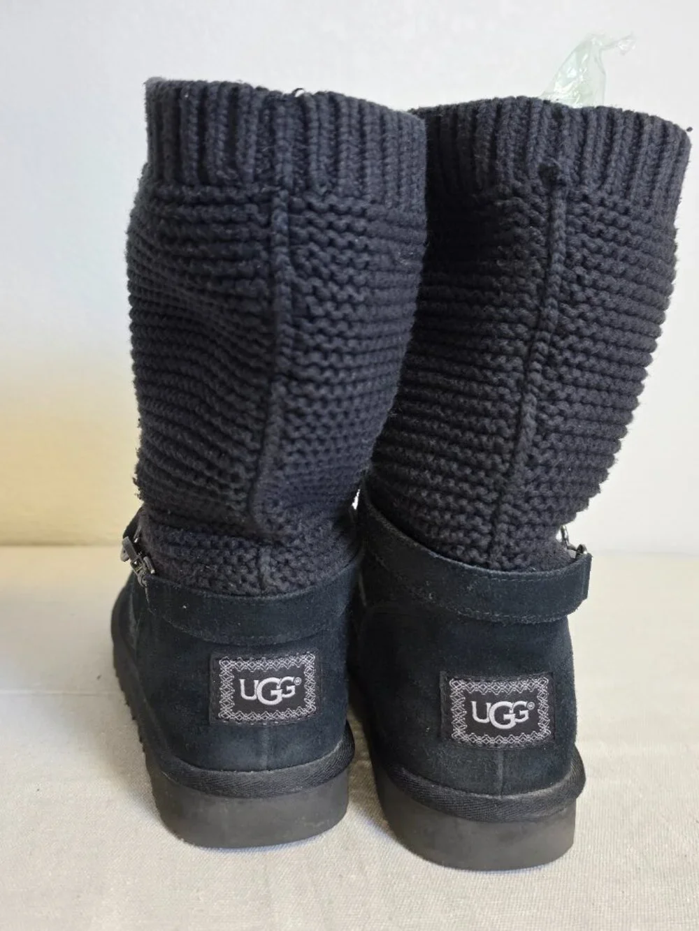 UGG Purl Strap Boot 1098080 Black Suede Knit Cuff Wool Lined Women's Size 10